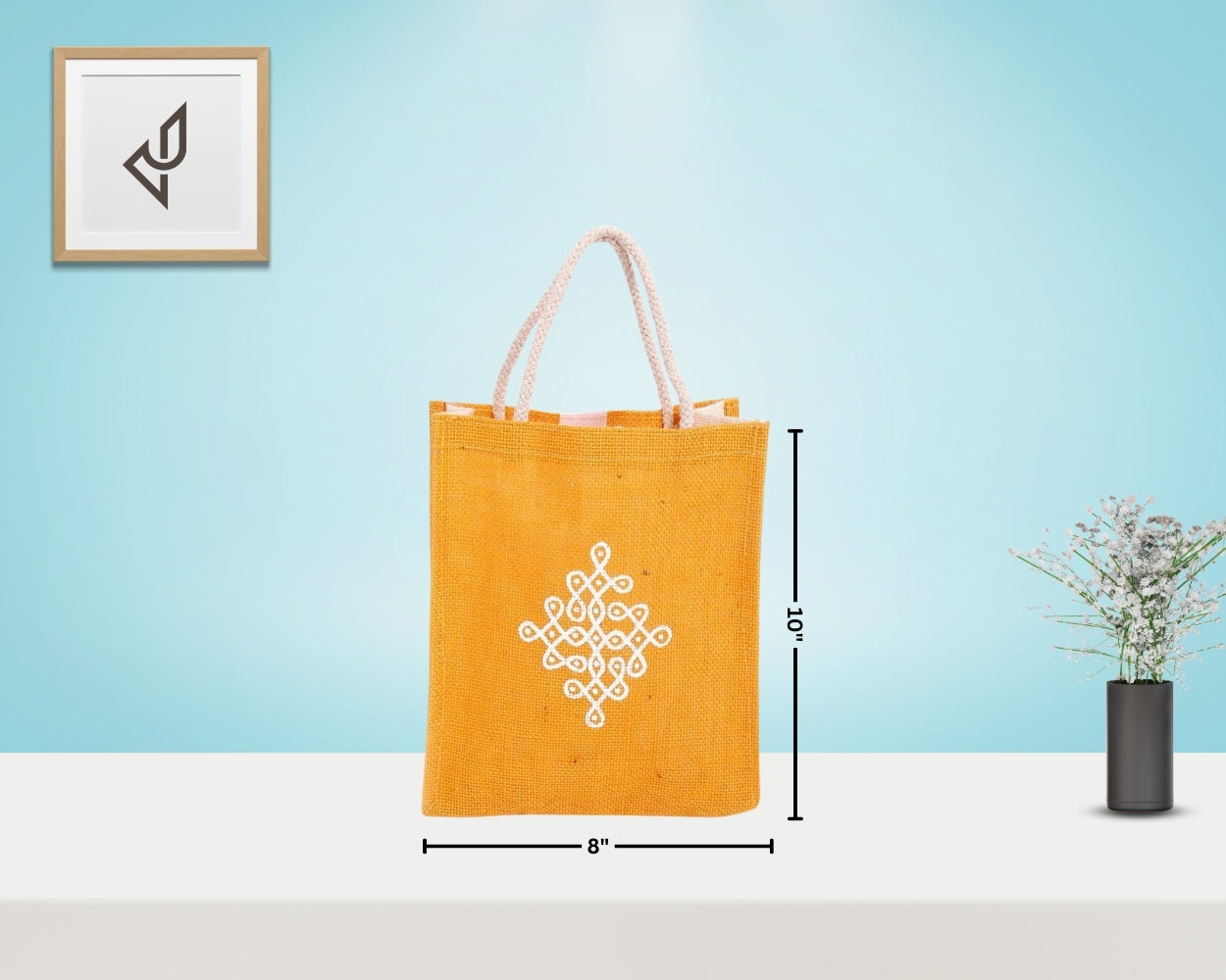 Pleasing Kolam Design Yellow Jute Bags - Bulk Return Gift Bags for Weddings & Festive Occasions (8 x 4 x 10 inches)