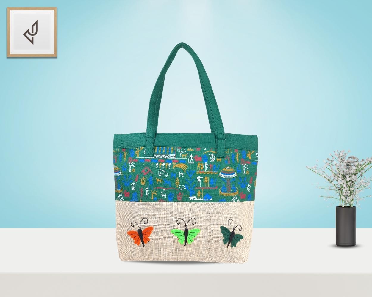 Designer Jute Handbag - A Lovely Spacious Handbag with Magnificent and Winsome Handcrafted Butterfly (16 x 12 inches)