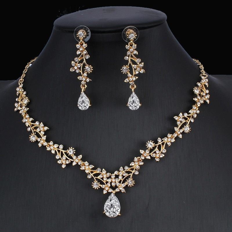 Golden Zircon Jewelry Set Bridal Necklace Earrings - Wedding Two-Piece Set