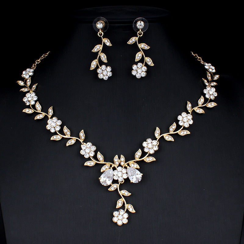 Golden Zircon Jewelry Set Bridal Necklace Earrings - Wedding Two-Piece Set