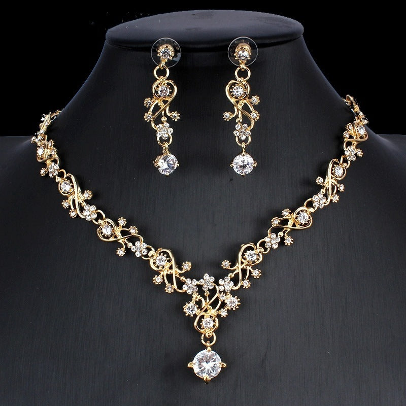 Golden Zircon Jewelry Set Bridal Necklace Earrings - Wedding Two-Piece Set