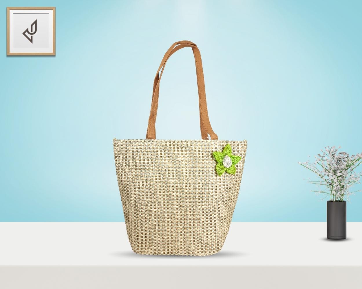 Designer Jute Handbag - An Endearingly Crafted Jute Handbag with a Quaint Little Flower (16 x 11 inches)