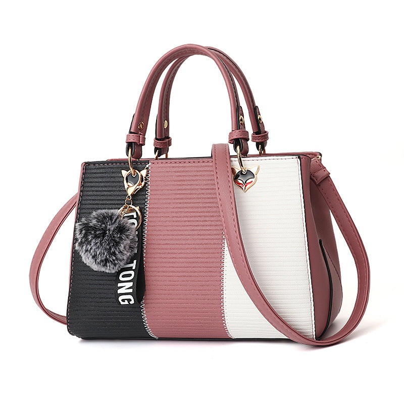 Women's Patchwork Handbag with Hairball Ornament - Versatile Tote & Crossbody Bag