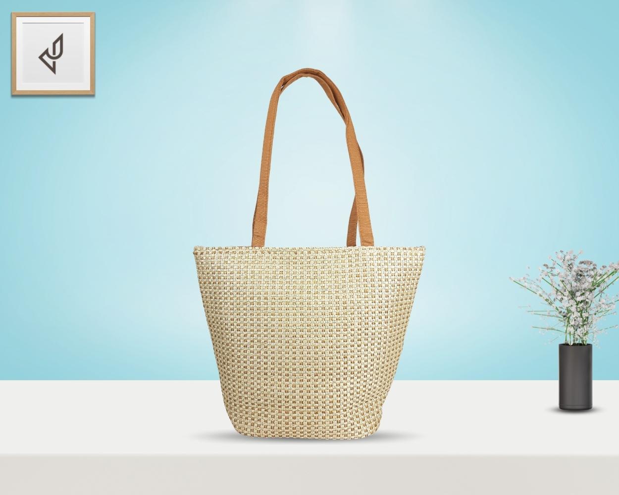 Designer Jute Handbag - An Endearingly Crafted Jute Handbag with a Quaint Little Flower (16 x 11 inches)