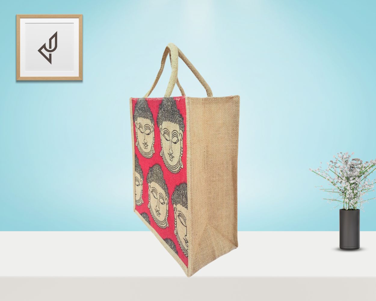 Bulk Order - Eco-Friendly Buddha Face Print Jute Bag with Zipper (12 X 5 X 10 inches)