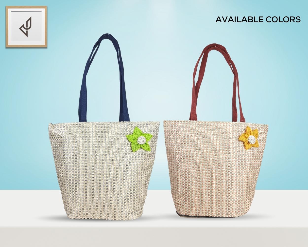 Designer Jute Handbag - An Endearingly Crafted Jute Handbag with a Quaint Little Flower (16 x 11 inches)