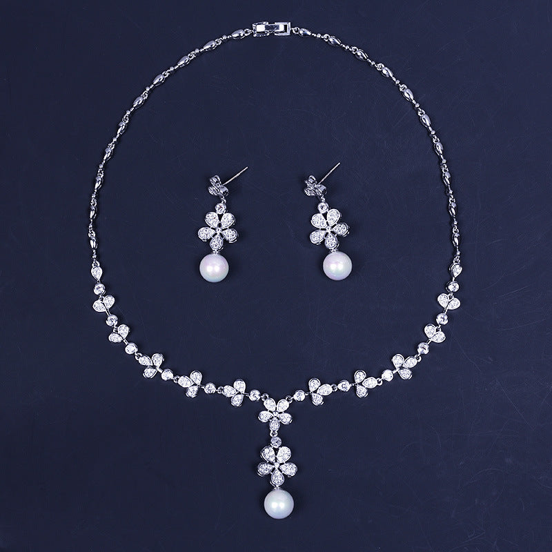 Pearl Zircon Earrings and Necklace Set - Wedding Dress Accessories