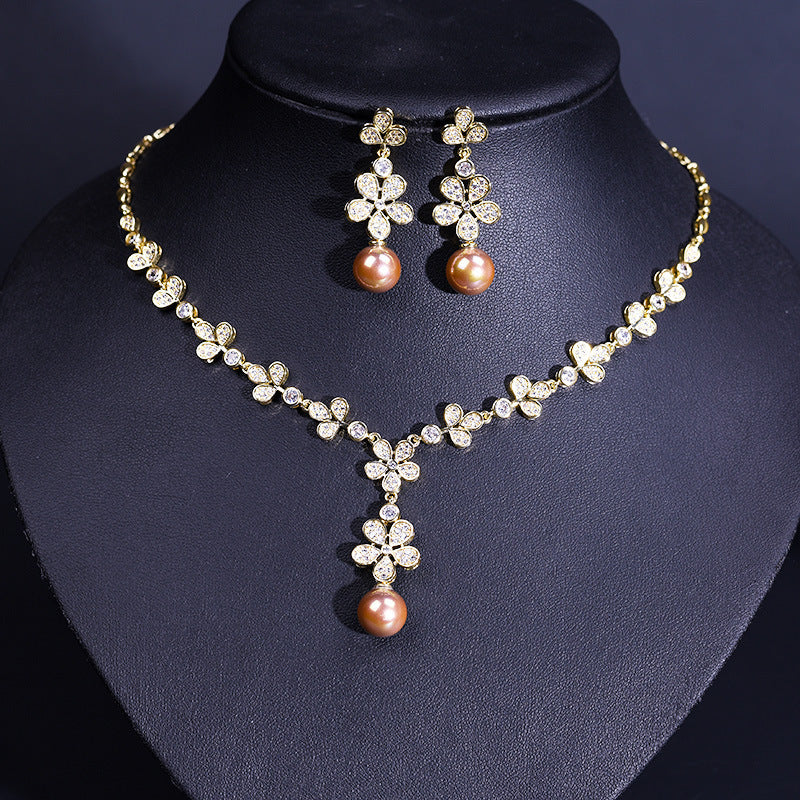 Pearl Zircon Earrings and Necklace Set - Wedding Dress Accessories