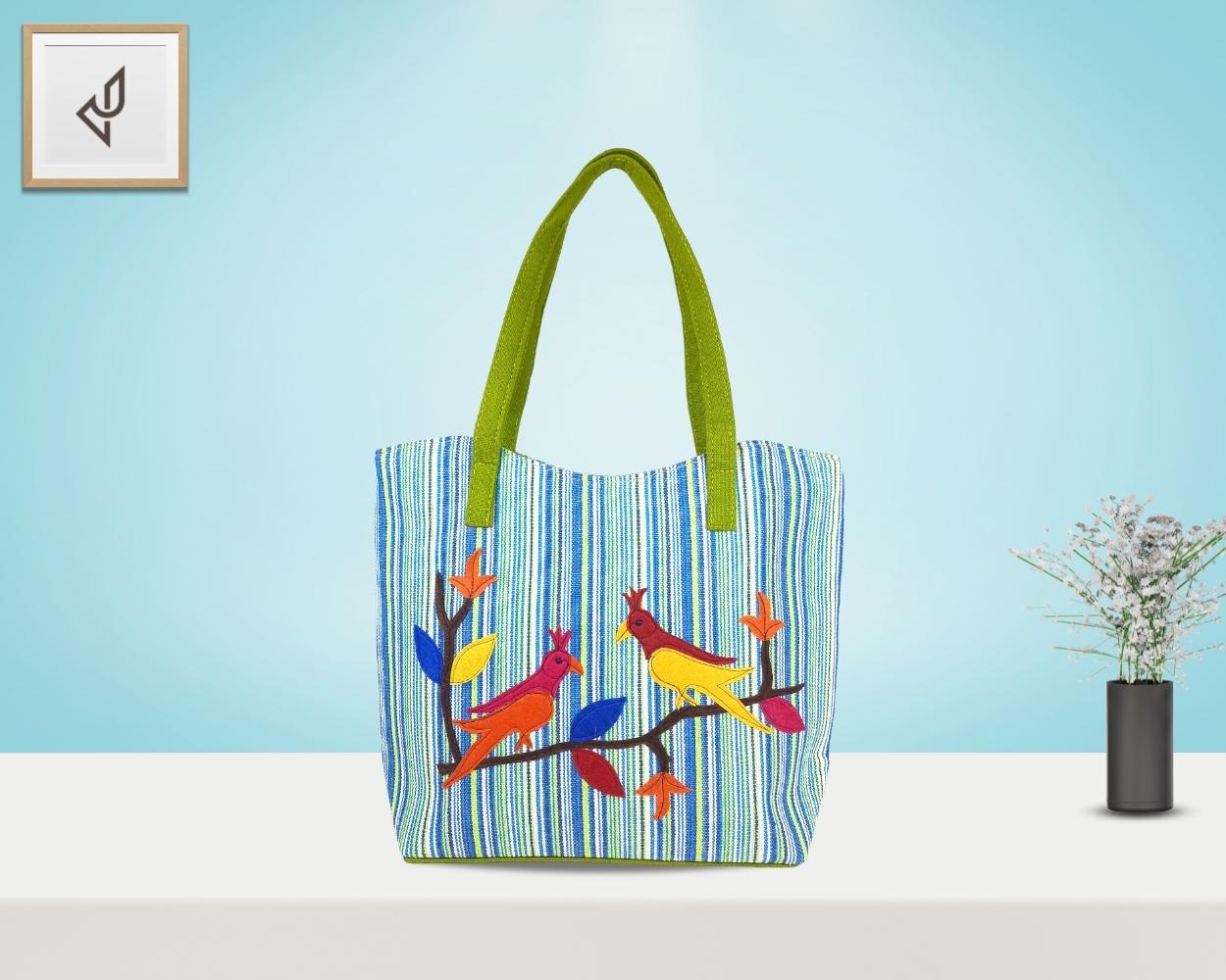 Designer Jute Handbag - A Beautifully Crafted Spacious Handbag with Astounding Cute Little Colourful Parrots (16 x 12 inches)