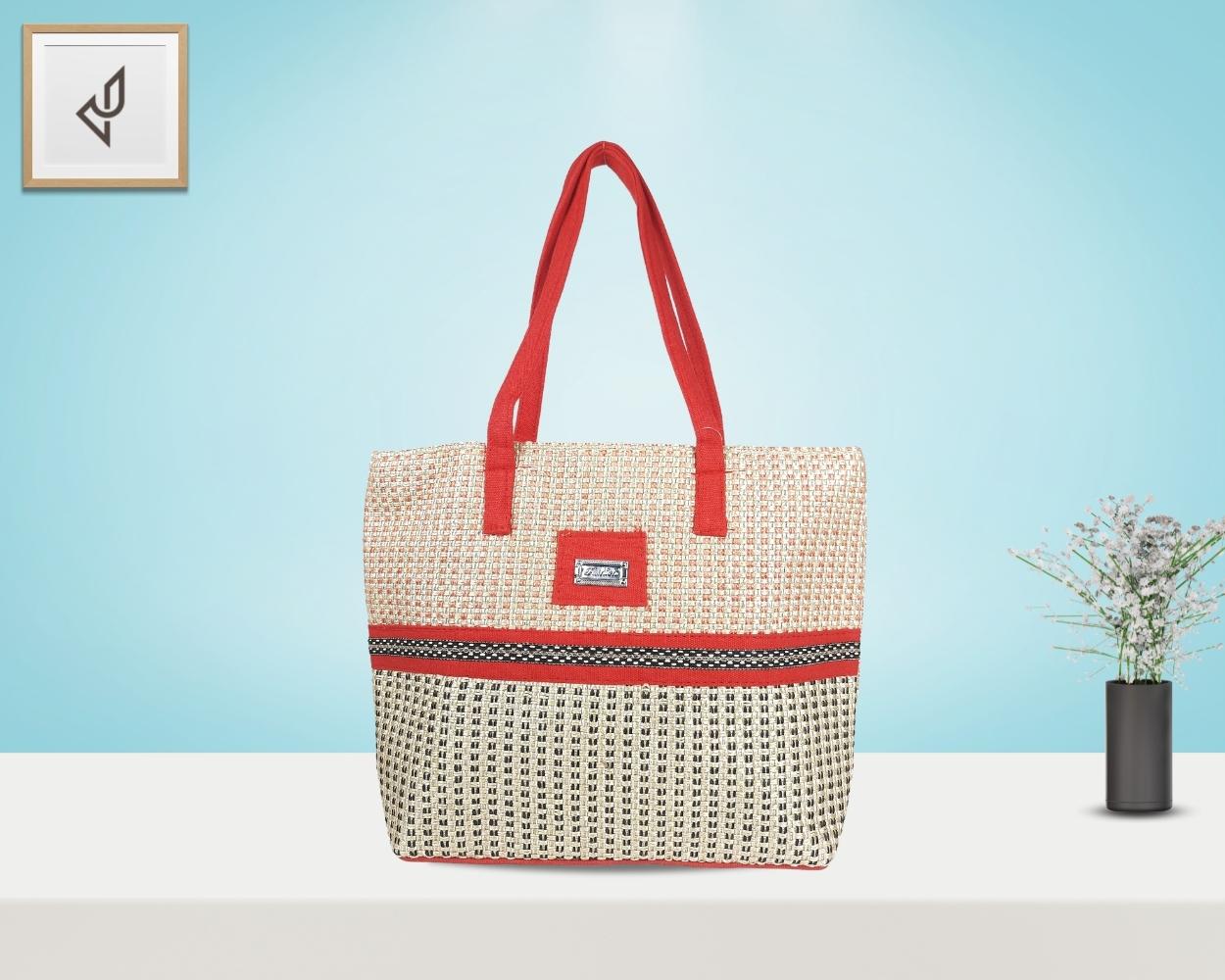 Designer Jute Handbag - An Awesome Handcrafted Jute Handbag with Geometric Designs (16 x 12 inches)