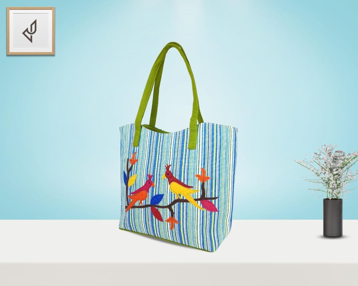 Designer Jute Handbag - A Beautifully Crafted Spacious Handbag with Astounding Cute Little Colourful Parrots (16 x 12 inches)