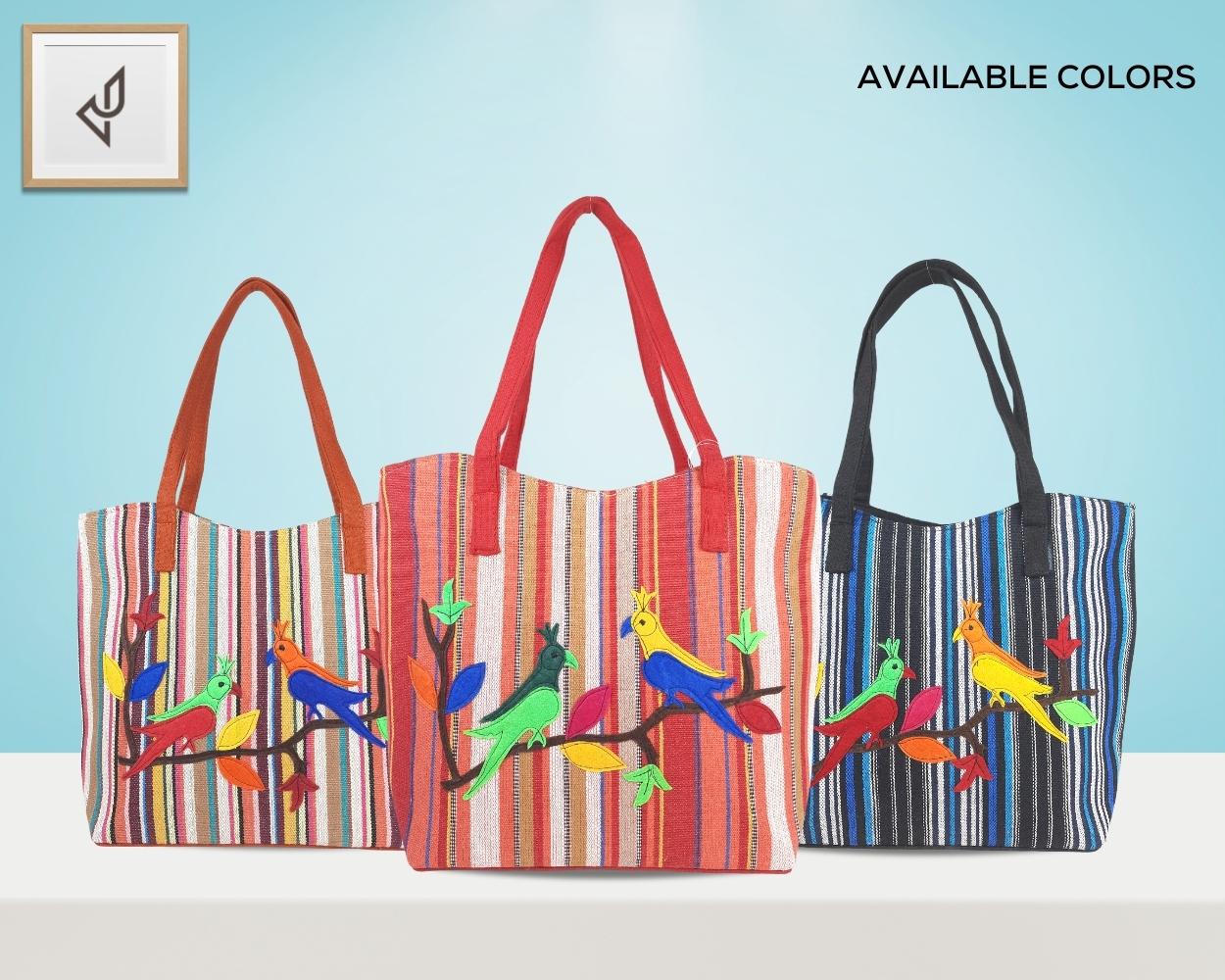 Designer Jute Handbag - A Beautifully Crafted Spacious Handbag with Astounding Cute Little Colourful Parrots (16 x 12 inches)