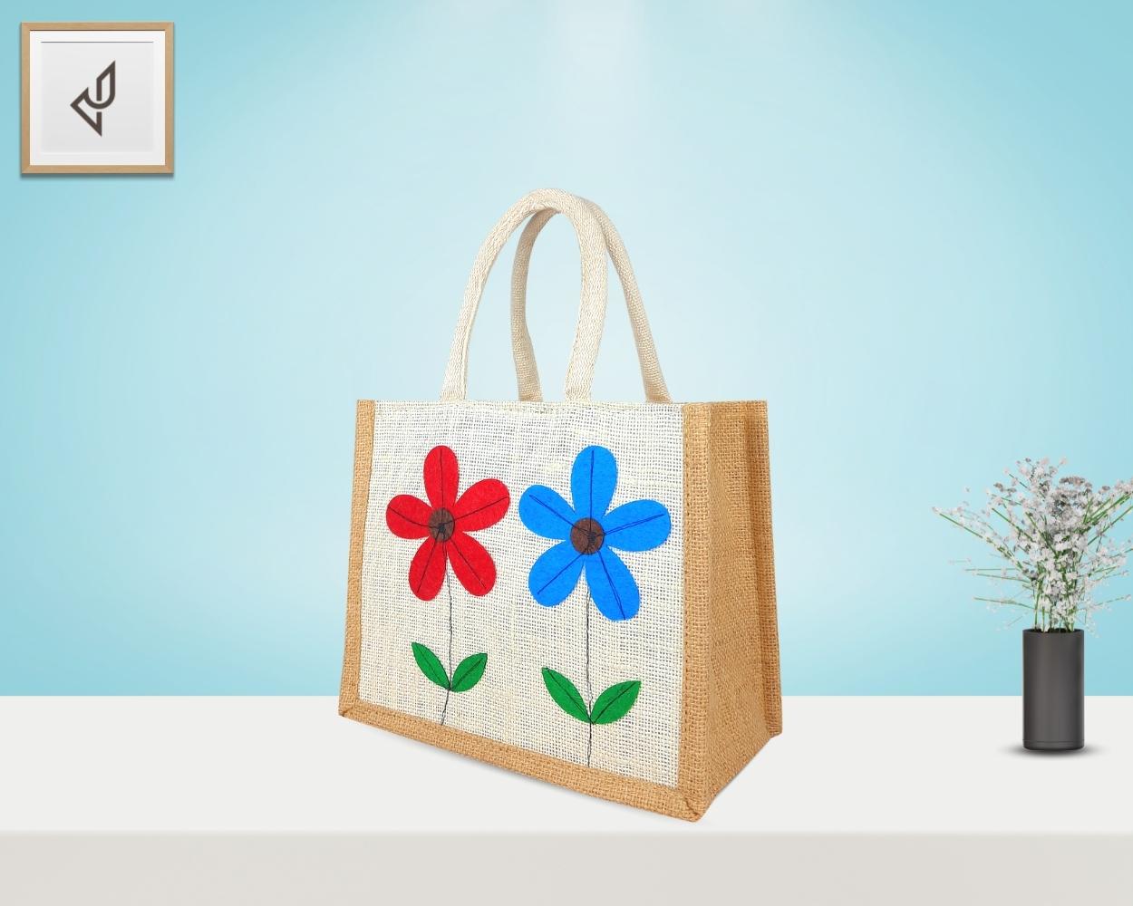 Small Designer Handmade Jute Fancy / Lunch Bag - Two Cute Flowers with Zipper (8 x 5 x 10 inches)