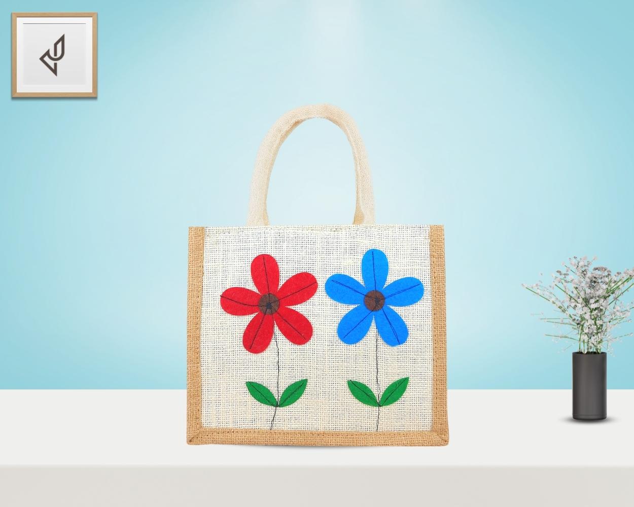 Small Designer Handmade Jute Fancy / Lunch Bag - Two Cute Flowers with Zipper (8 x 5 x 10 inches)