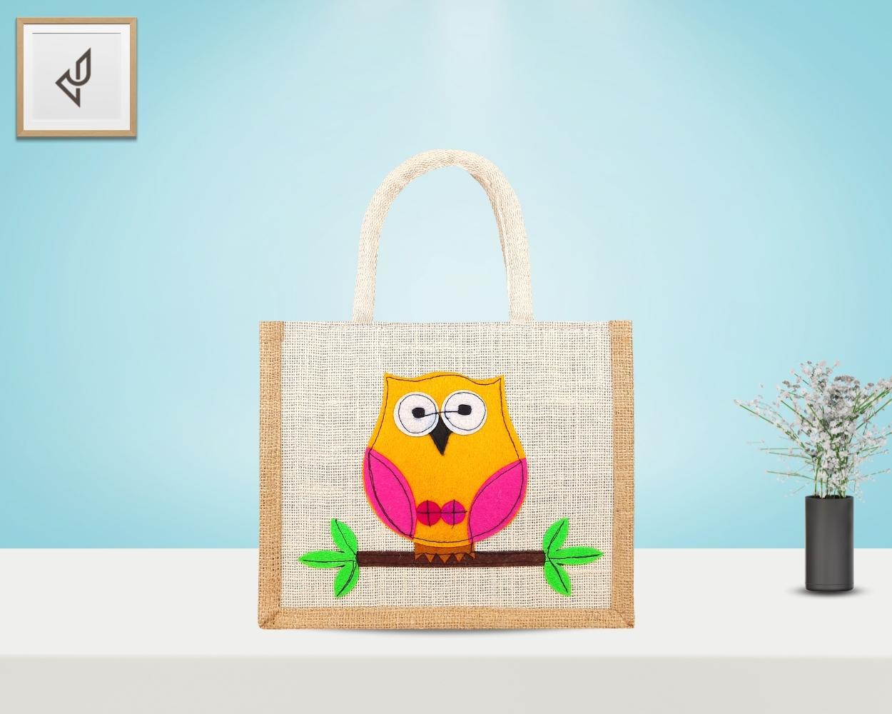 Small Designer Handmade Jute Fancy / Lunch Bag - Lovely Owl with Zipper (8 x 5 x 10 inches)