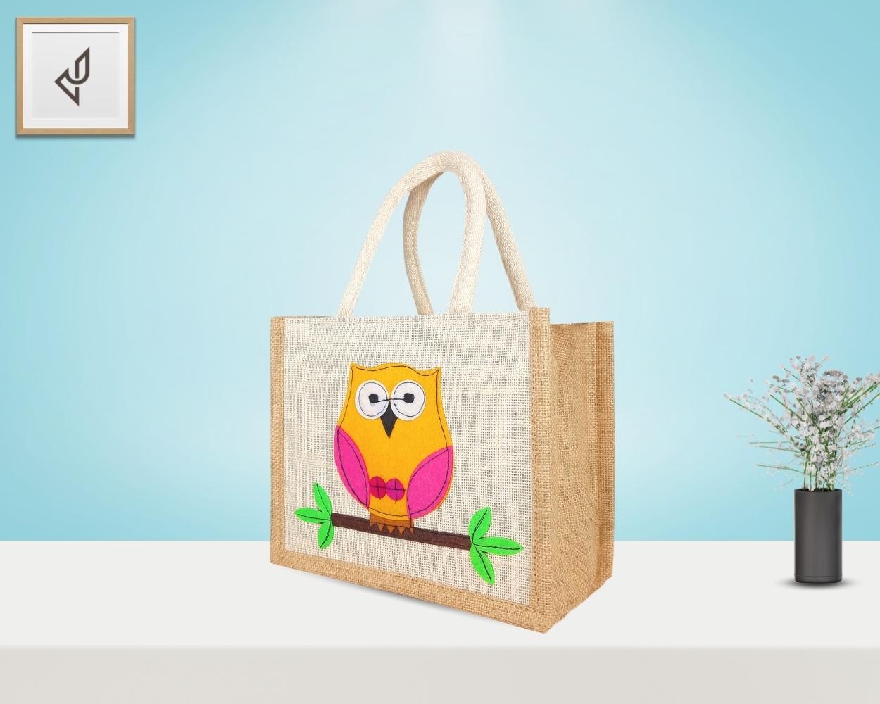 Small Designer Handmade Jute Fancy / Lunch Bag - Lovely Owl with Zipper (8 x 5 x 10 inches)