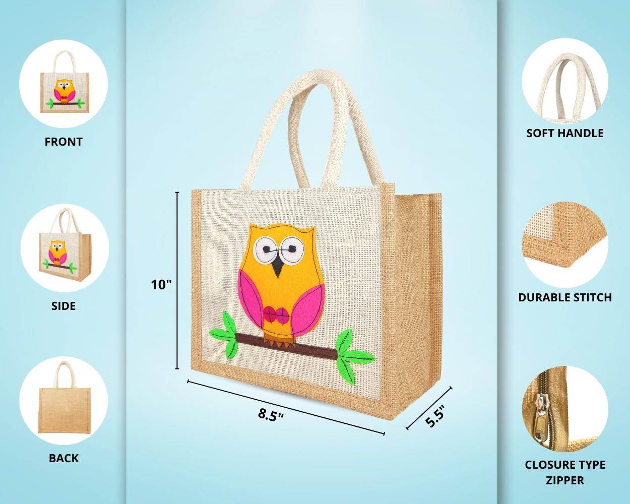 Small Designer Handmade Jute Fancy / Lunch Bag - Lovely Owl with Zipper (8 x 5 x 10 inches)