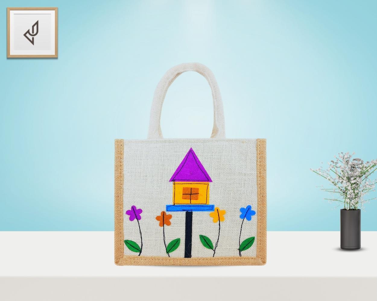 Small Designer Handmade Jute Fancy / Lunch Bag - Sweet Little Home with Zipper (8 x 5 x 10 inches)