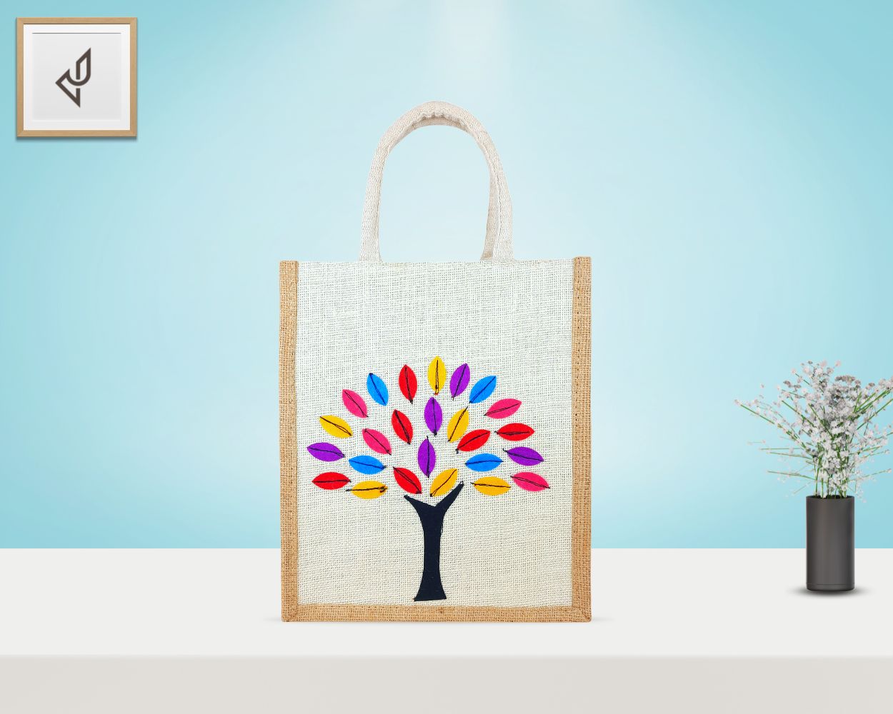 Designer Jute Lunch Bag - Colourful and Charismatic Handcrafted Tree with Zipper (10 x 5 x 12 inches)