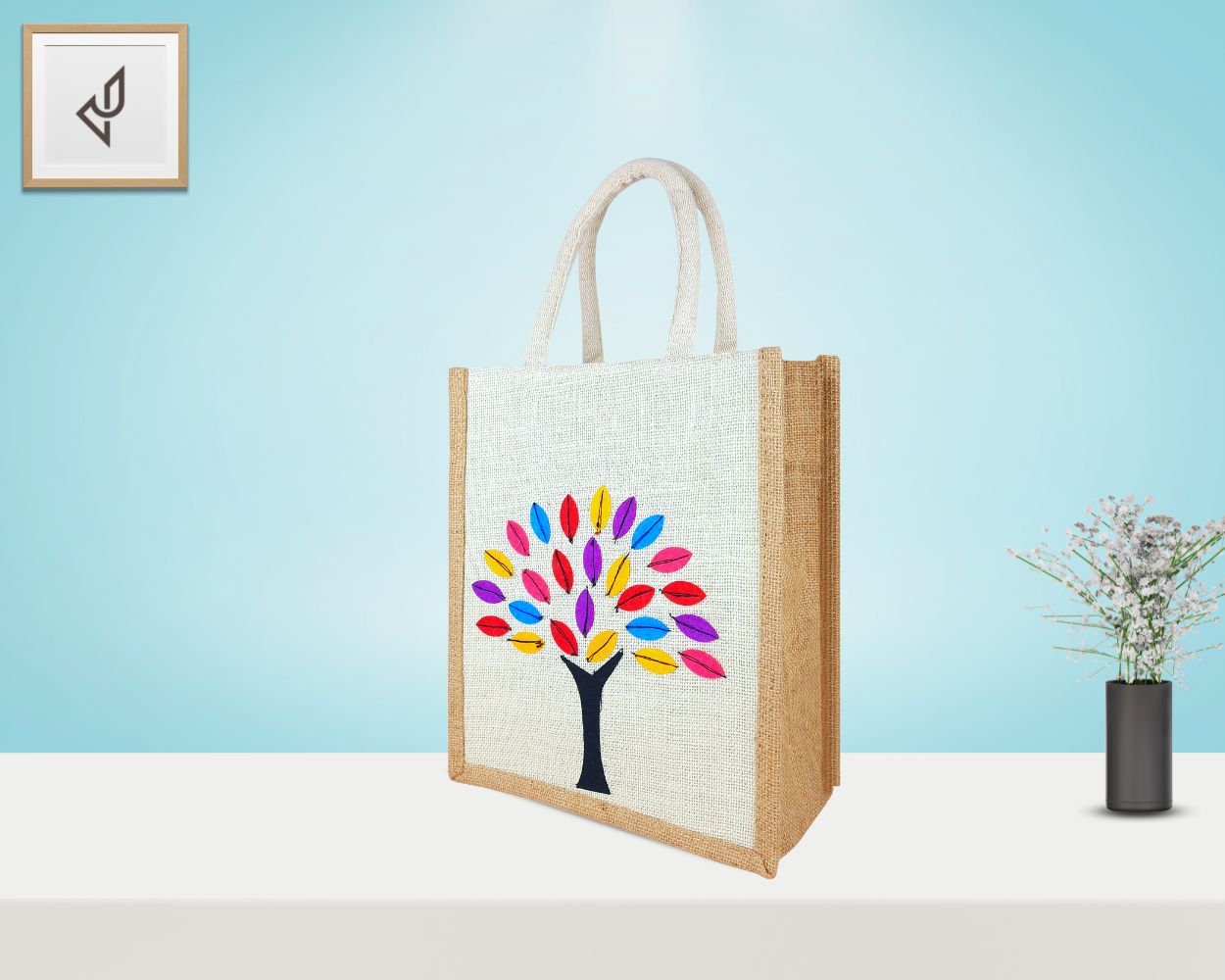 Designer Jute Lunch Bag - Colourful and Charismatic Handcrafted Tree with Zipper (10 x 5 x 12 inches)