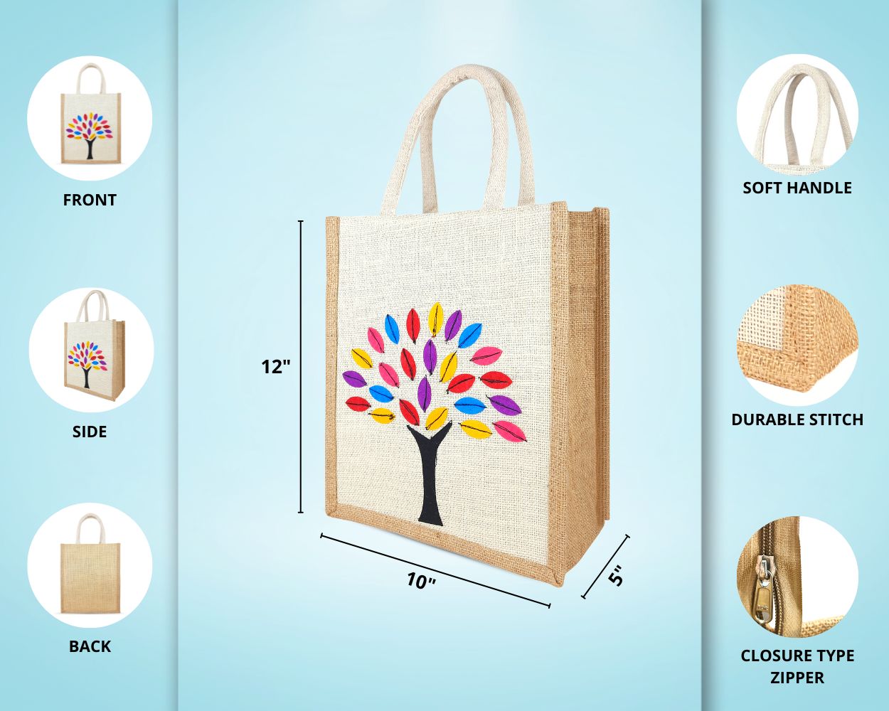 Designer Jute Lunch Bag - Colourful and Charismatic Handcrafted Tree with Zipper (10 x 5 x 12 inches)