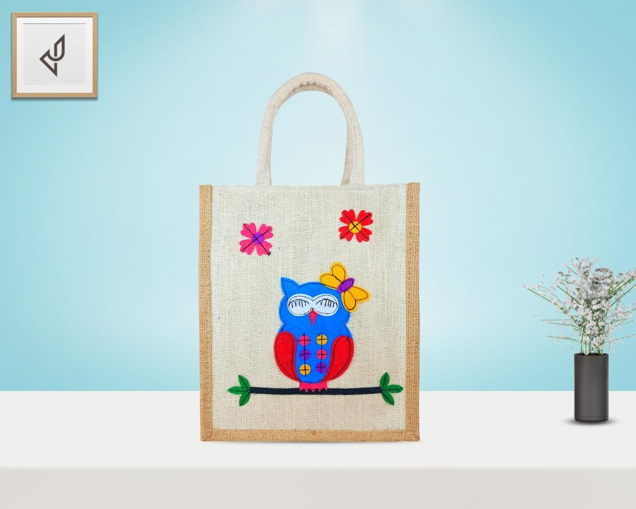 Designer Jute Lunch Bag - Bewitching Handcrafted Owl with Zipper (10 x 5 x 12 inches)