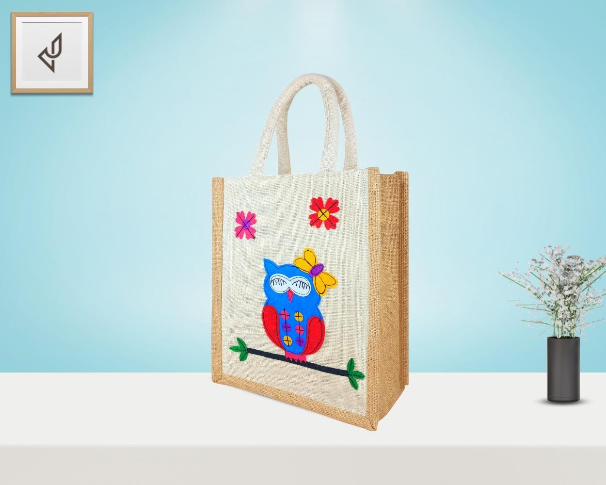 Designer Jute Lunch Bag - Bewitching Handcrafted Owl with Zipper (10 x 5 x 12 inches)