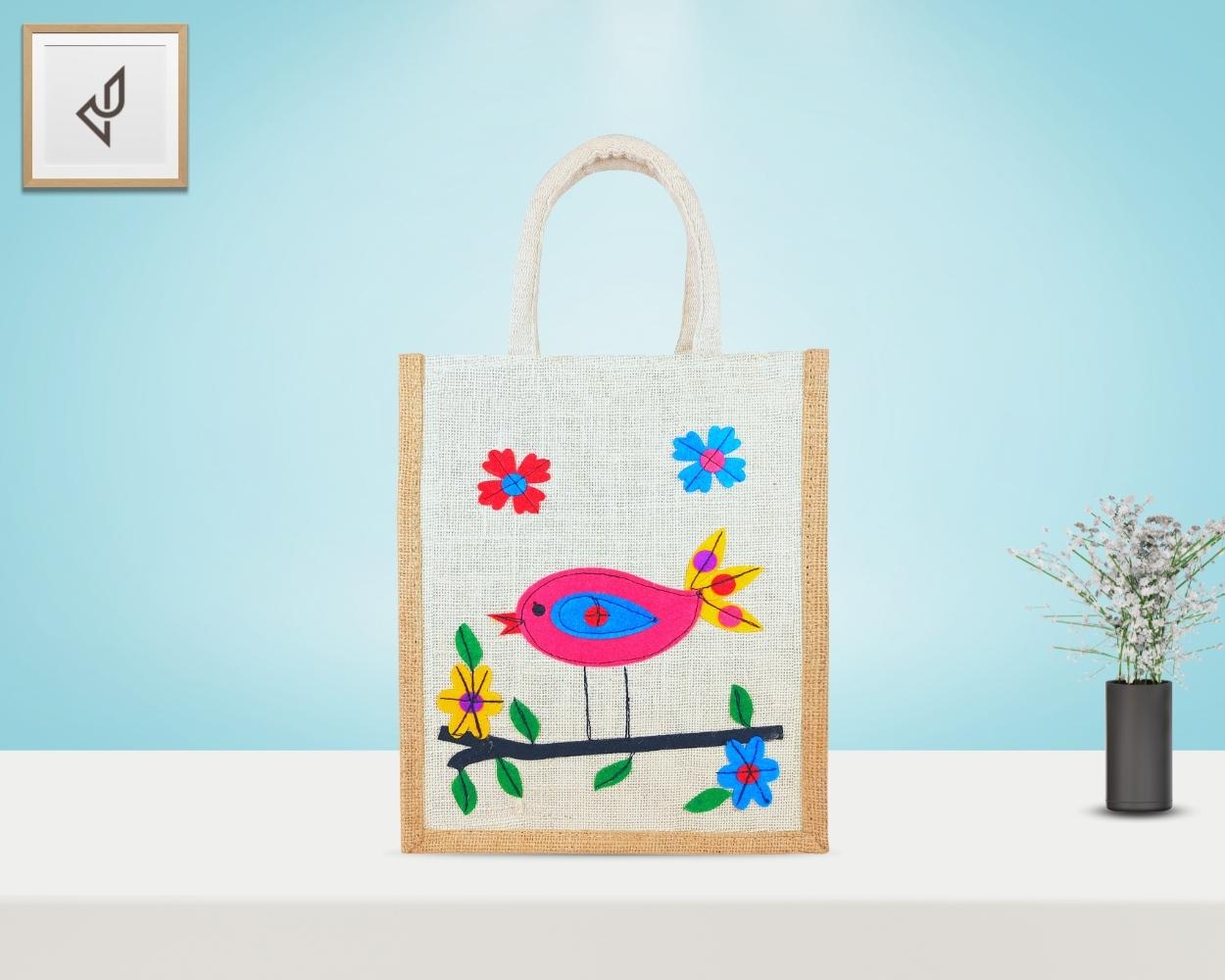 Designer Jute Lunch Bag - Mesmerizing and Pleasant Little Handcrafted Bird with Zipper (10 x 5 x 12 inches)