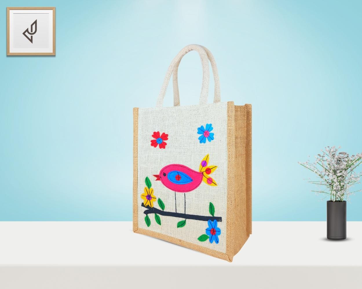 Designer Jute Lunch Bag - Mesmerizing and Pleasant Little Handcrafted Bird with Zipper (10 x 5 x 12 inches)