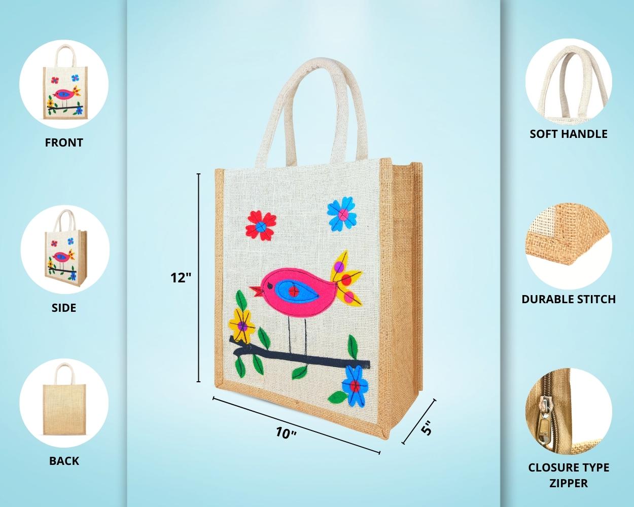 Designer Jute Lunch Bag - Mesmerizing and Pleasant Little Handcrafted Bird with Zipper (10 x 5 x 12 inches)