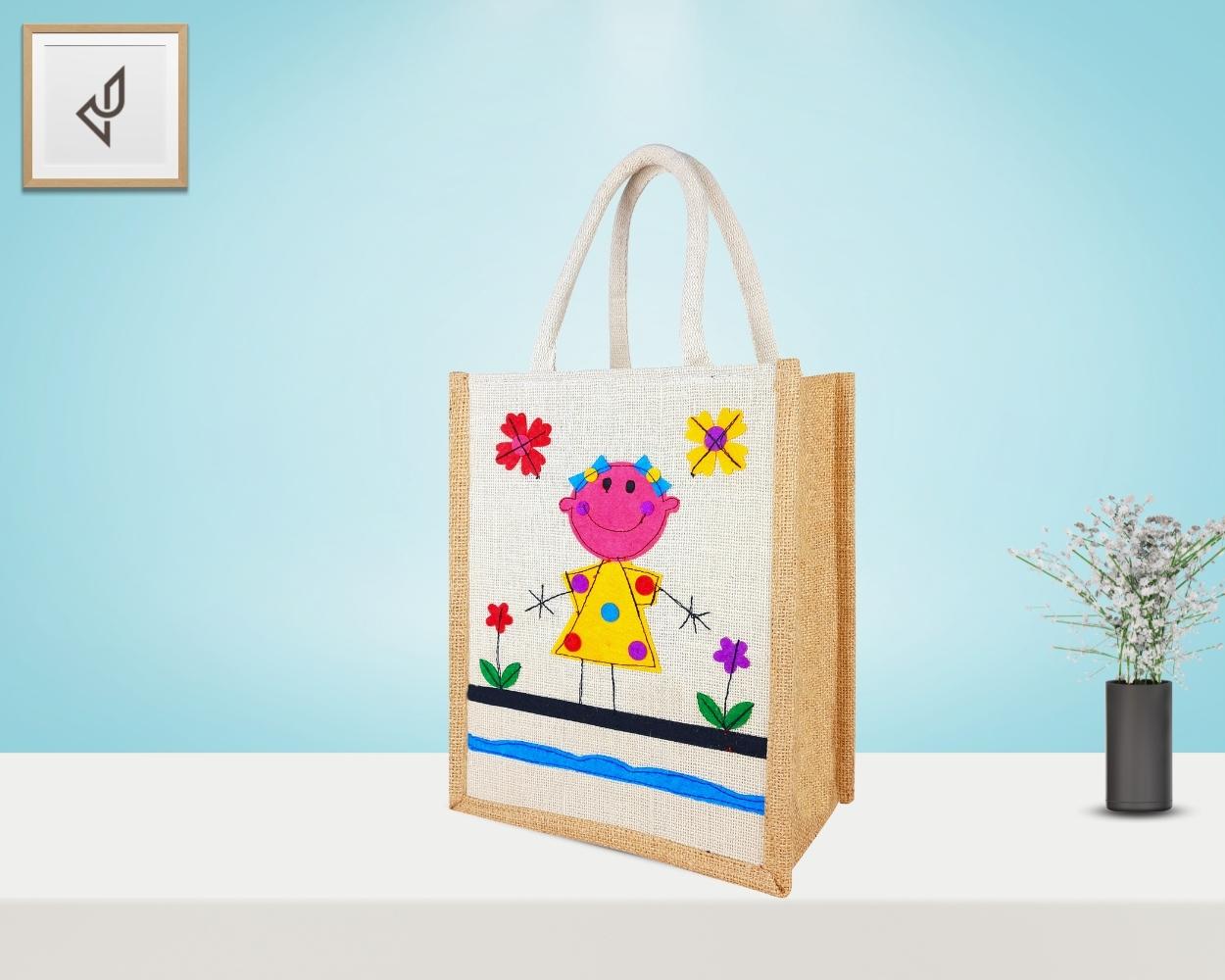 Designer Jute Lunch Bag - Ravishing and Cute Little Handcrafted Girl with Zipper (10 x 5 x 12 inches)