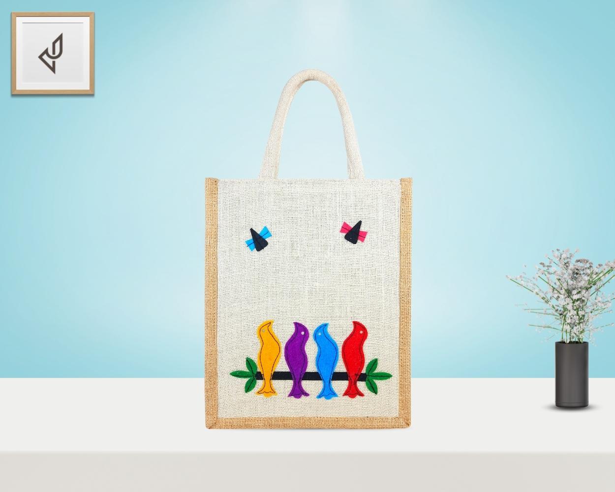 Designer Jute Lunch Bag - Prepossessing and Dollish Handcrafted Four Lovesome Birds with Zipper (10 x 5 x 12 inches)