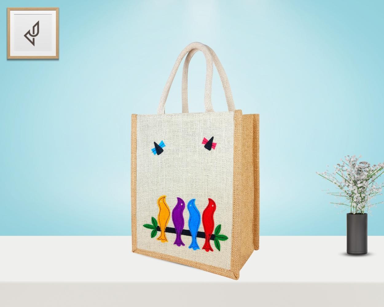 Designer Jute Lunch Bag - Prepossessing and Dollish Handcrafted Four Lovesome Birds with Zipper (10 x 5 x 12 inches)