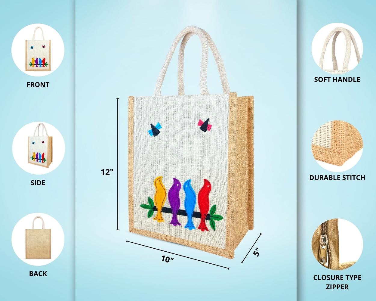 Designer Jute Lunch Bag - Prepossessing and Dollish Handcrafted Four Lovesome Birds with Zipper (10 x 5 x 12 inches)