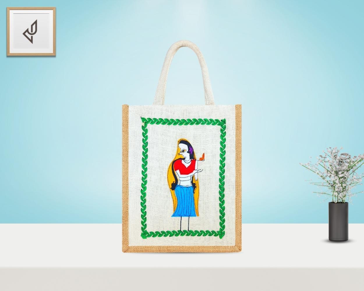 Multi Utility Designer Jute Bag - Alluring Handcrafted Beautiful Lady Holding a Diya with Zipper (12 x 5 x 14 inches)