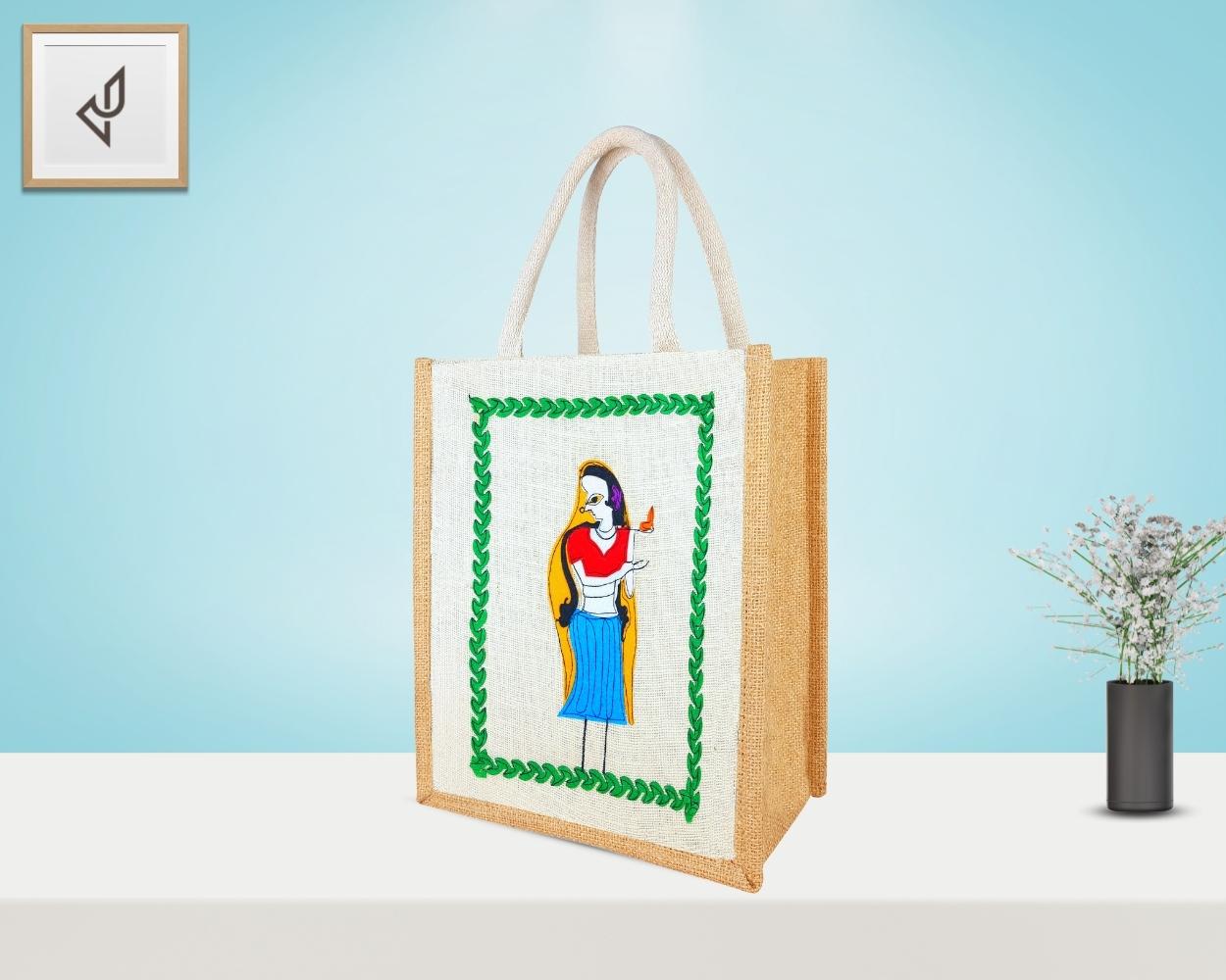 Multi Utility Designer Jute Bag - Alluring Handcrafted Beautiful Lady Holding a Diya with Zipper (12 x 5 x 14 inches)