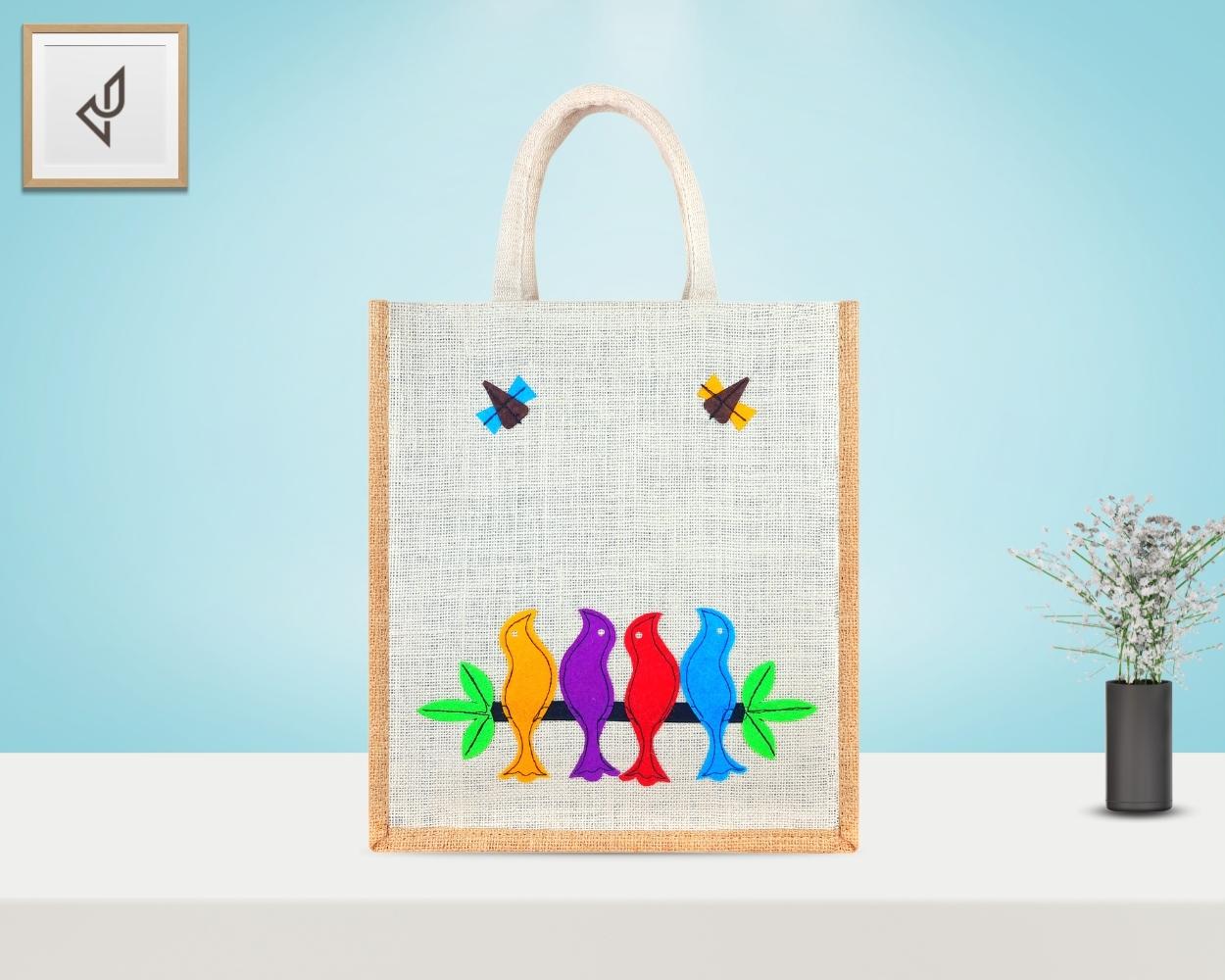 Multi Utility Designer Jute Bag - Prepossessing and Dollish Handcrafted Four Lovesome Birds with Zipper (12 x 5 x 14 inches)