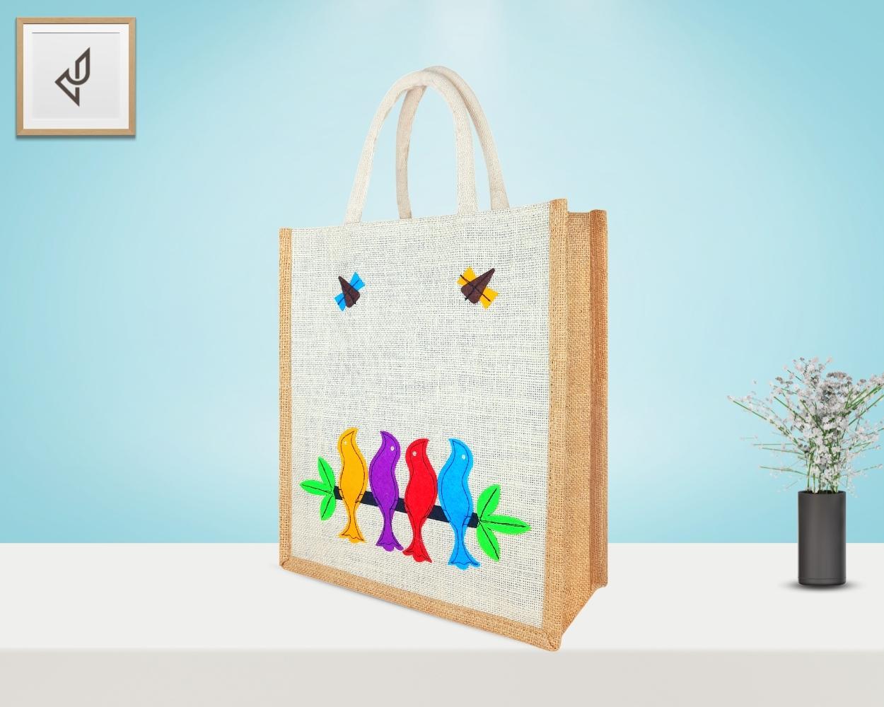 Multi Utility Designer Jute Bag - Prepossessing and Dollish Handcrafted Four Lovesome Birds with Zipper (12 x 5 x 14 inches)