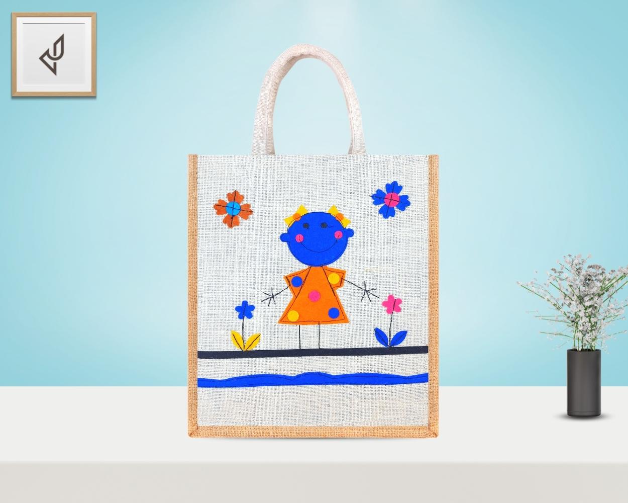 Multi Utility Designer Jute Bag - Ravishing and Cute Little Handcrafted Girl with Zipper (12 x 5 x 14 inches)