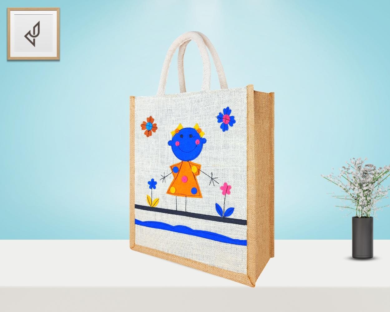 Multi Utility Designer Jute Bag - Ravishing and Cute Little Handcrafted Girl with Zipper (12 x 5 x 14 inches)