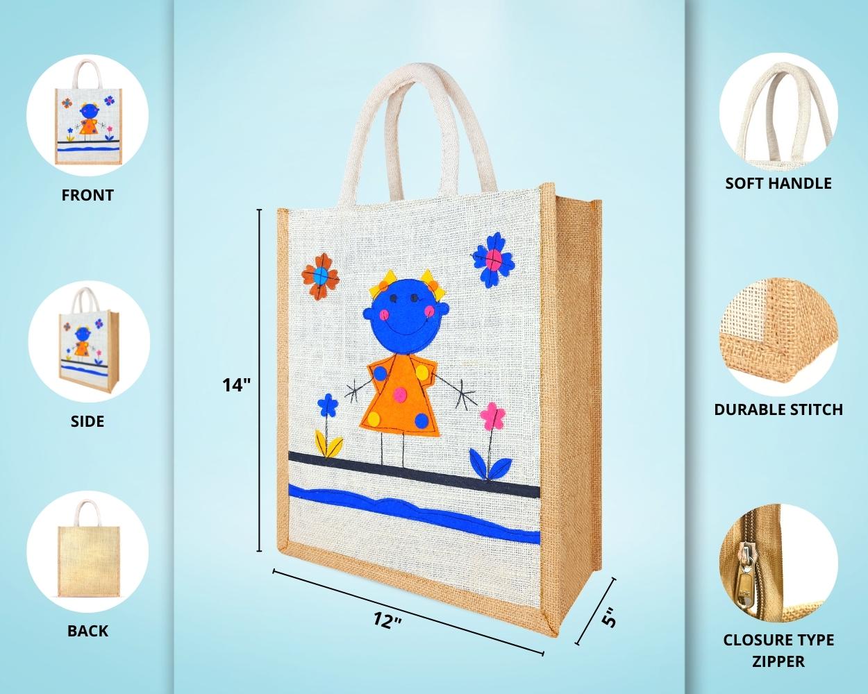 Multi Utility Designer Jute Bag - Ravishing and Cute Little Handcrafted Girl with Zipper (12 x 5 x 14 inches)