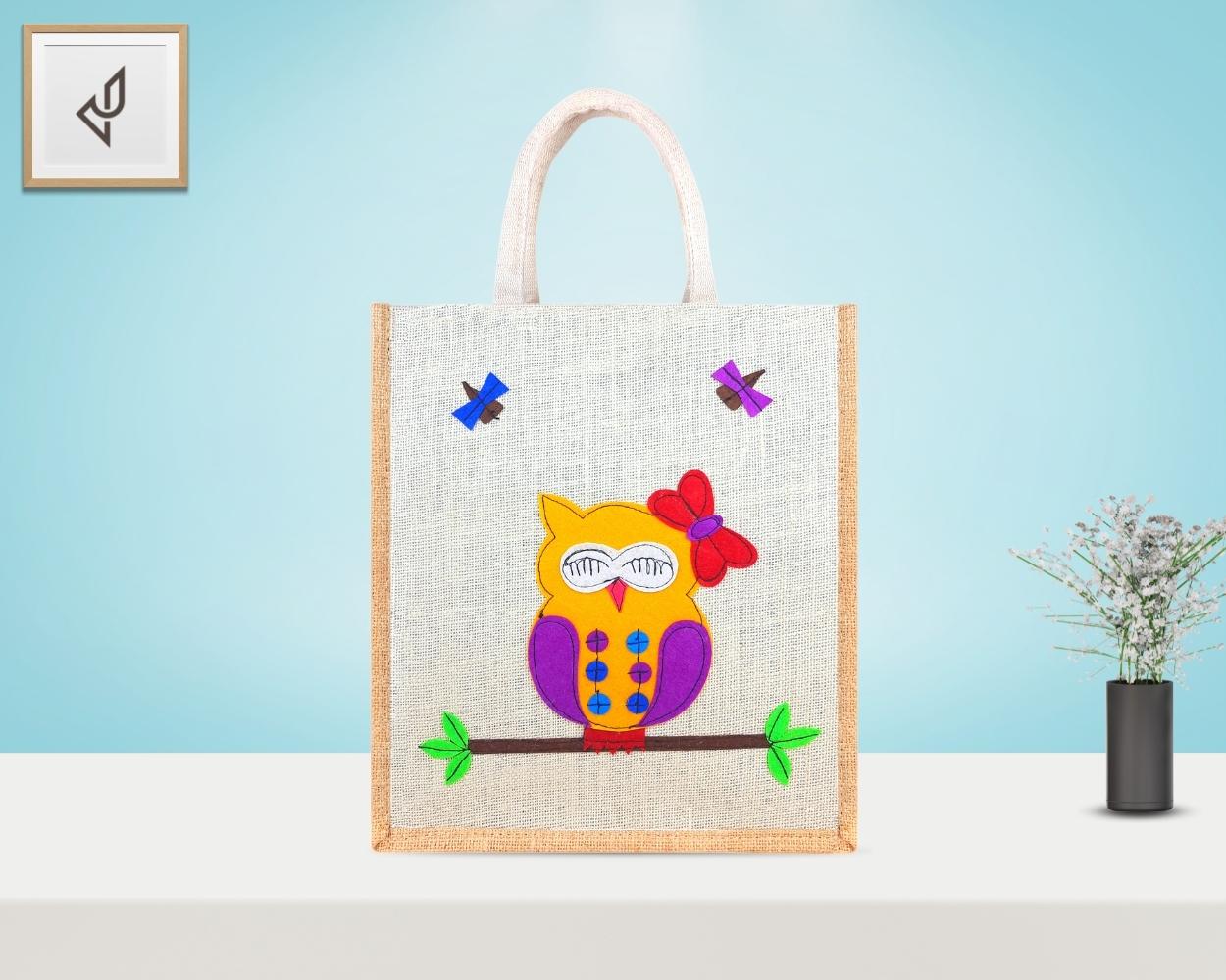 Multi Utility Designer Jute Bag - Lovely Assorted Shaded Owl with Zipper (12 x 5 x 14 inches)