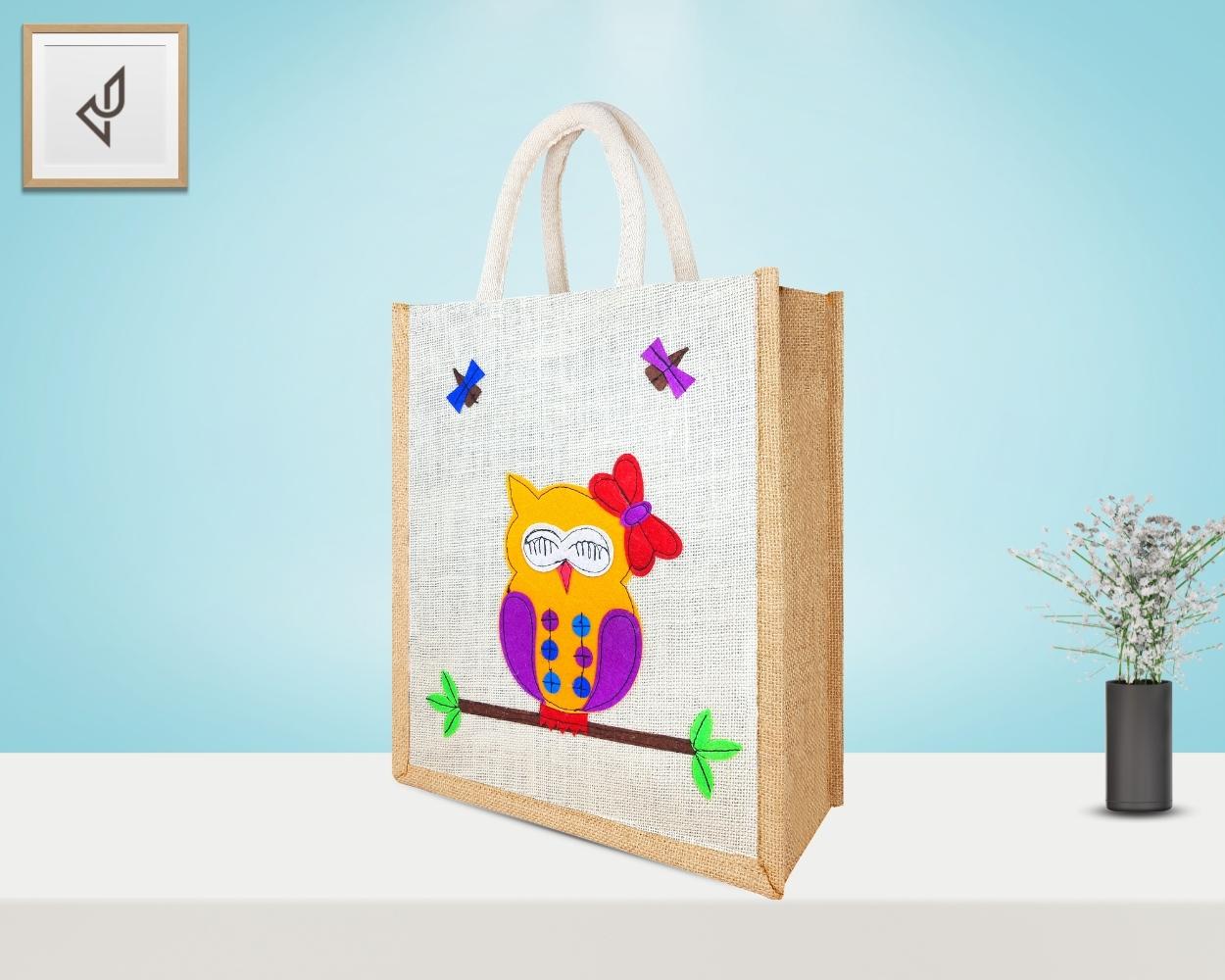 Multi Utility Designer Jute Bag - Lovely Assorted Shaded Owl with Zipper (12 x 5 x 14 inches)