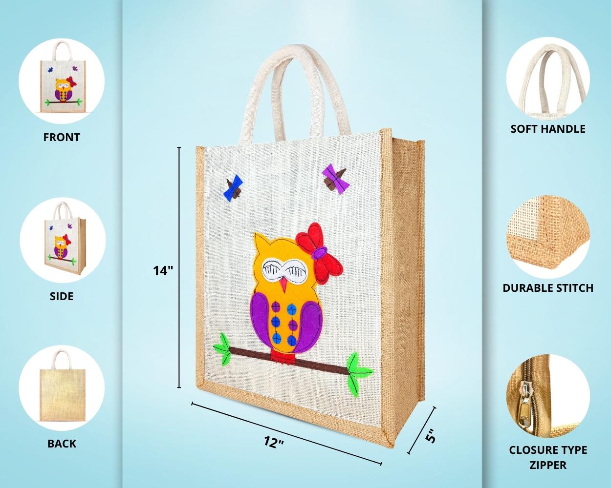 Multi Utility Designer Jute Bag - Lovely Assorted Shaded Owl with Zipper (12 x 5 x 14 inches)