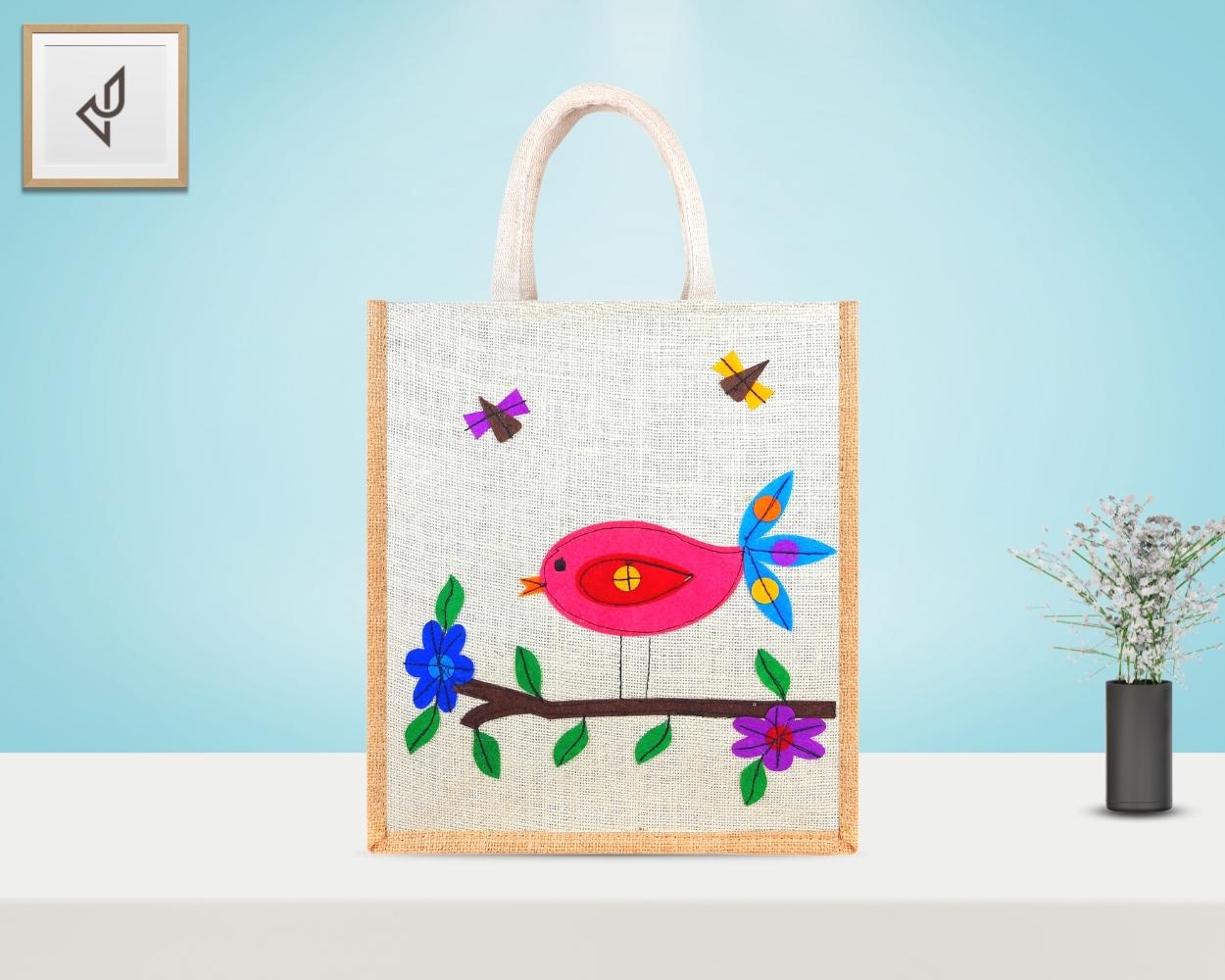 Multi Utility Designer Jute Bag - Mesmerizing and Pleasant Little Handcrafted Bird with Zipper (12 x 5 x 14 inches)