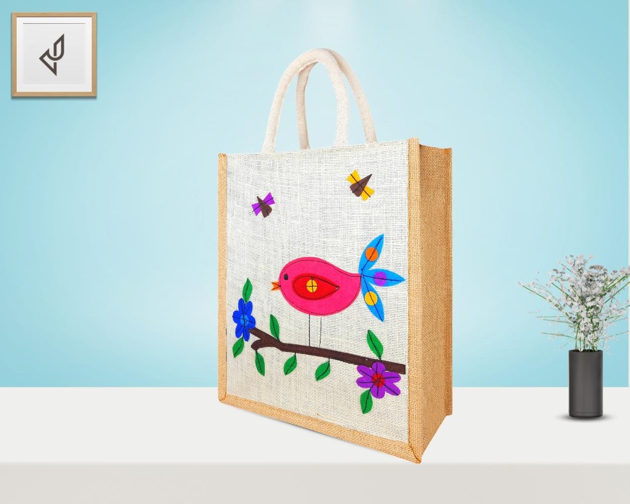 Multi Utility Designer Jute Bag - Mesmerizing and Pleasant Little Handcrafted Bird with Zipper (12 x 5 x 14 inches)