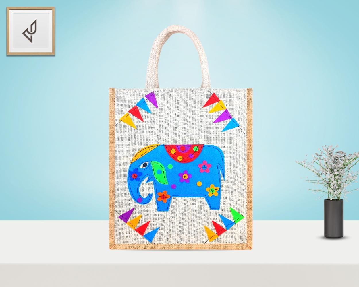 Multi Utility Designer Jute Bag - Graceful and Impressively Handcrafted Elephant with Zipper (12 x 5 x 14 inches)