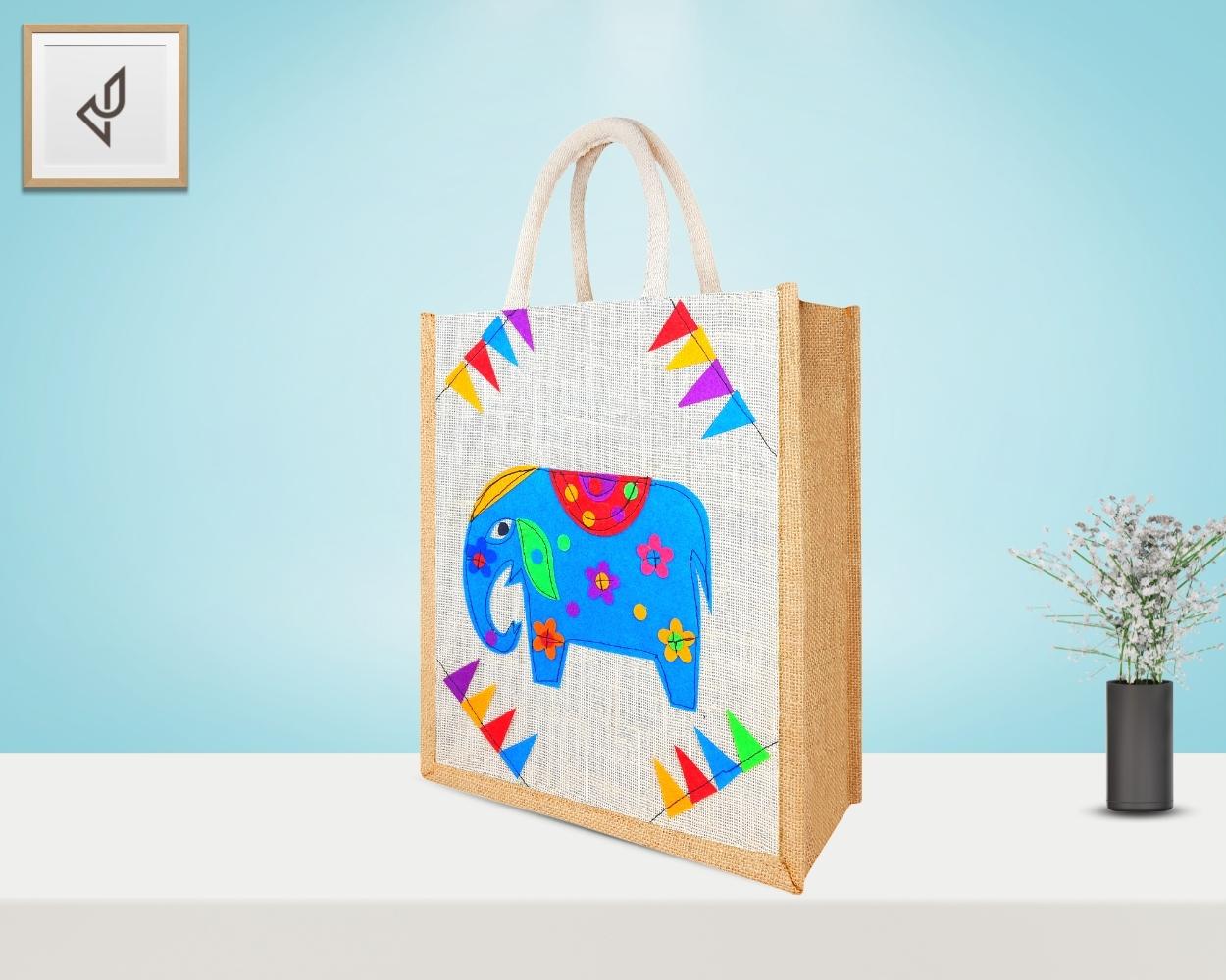 Multi Utility Designer Jute Bag - Graceful and Impressively Handcrafted Elephant with Zipper (12 x 5 x 14 inches)