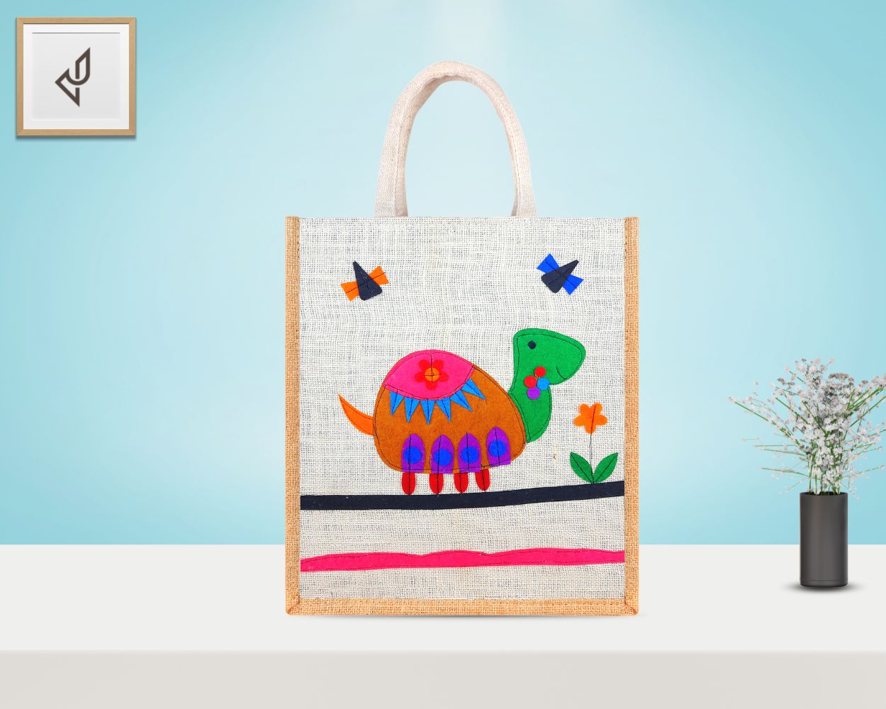 Multi Utility Designer Jute Bag - Cute and Lovely Animated Tortoise with zipper (12 x 5 x 14 inches)