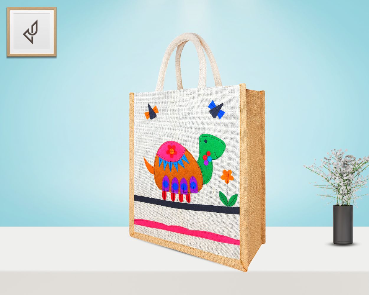 Multi Utility Designer Jute Bag - Cute and Lovely Animated Tortoise with zipper (12 x 5 x 14 inches)